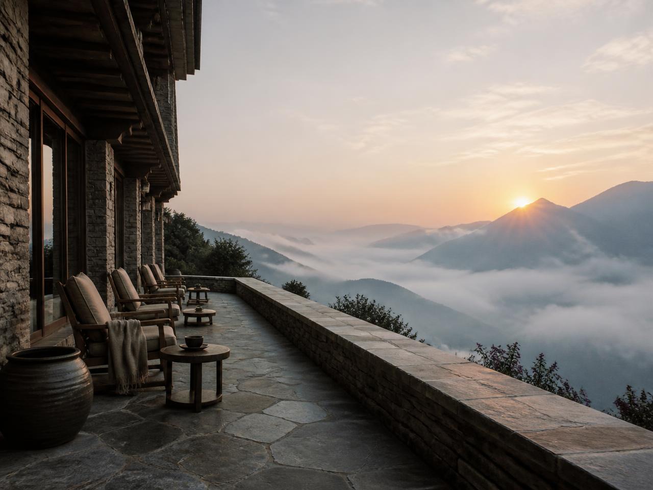 Stone terrace of a mountain lodge above a valley filled with cloud at sunrise