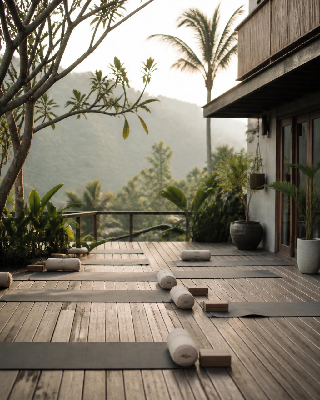 Yoga mats laid out on a hotel terrace overlooking misty hills